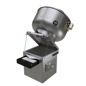 A Commercial rooftop exhaust fan with grease containment, lift handles, access panel, and a hinge kit installed.