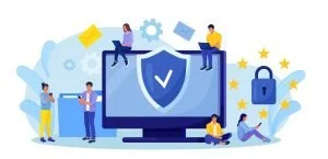 Cartoon style people using their laptops and phones Representing the Privacy Policy for Crossfire Hood Cleaning